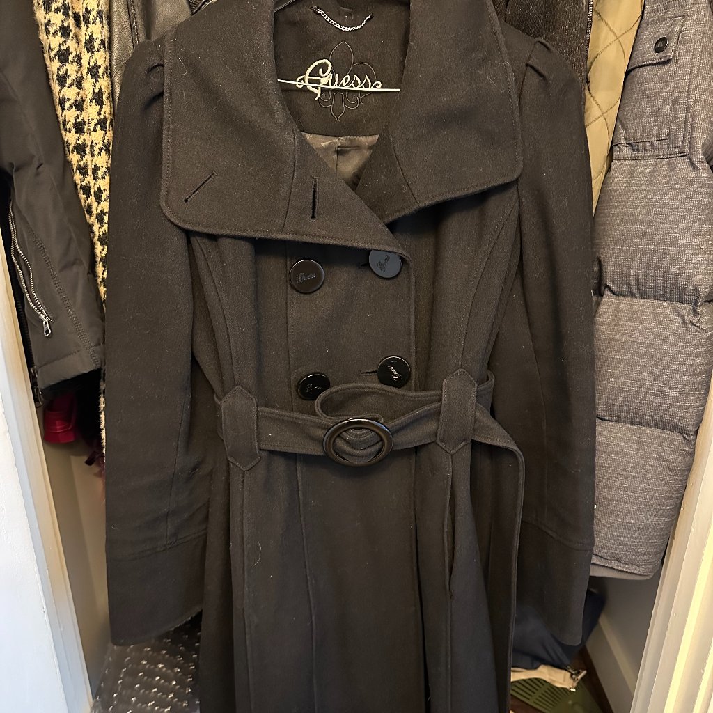 Guess Vintage Wool Long Pea Coat/Jacket Sz Large Black Double Breasted Belted